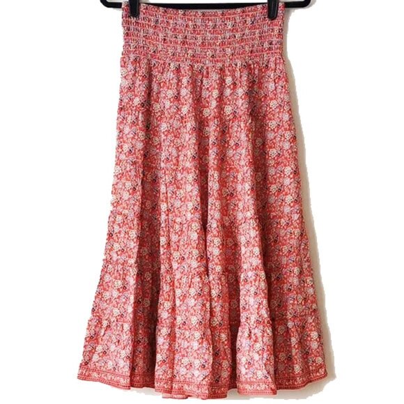 Max Studio Smocked Waistband Tiered Ruffle Skirt S Peach-Red Blue Paisley Print - Picture 1 of 7
